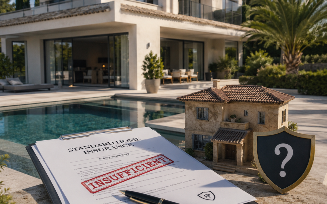 Hyper-realistic luxury villa in Mallorca with swimming pool and premium Mediterranean architecture. In the foreground, an insurance policy document marked as insufficient coverage symbolises the risks of underinsured luxury properties and second homes in Spain.