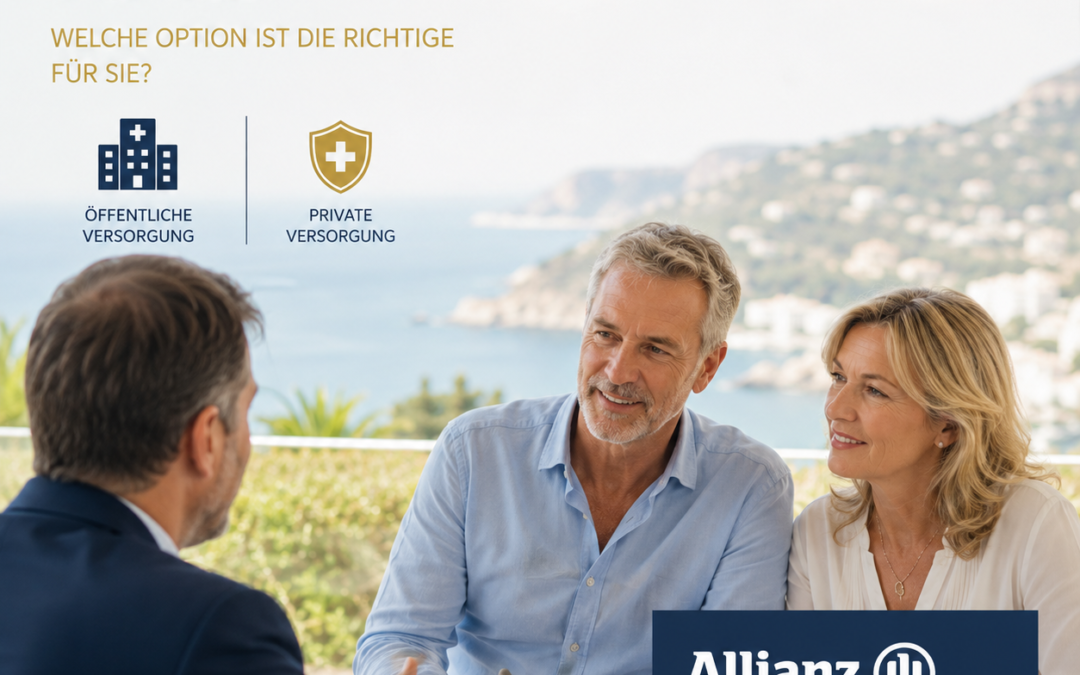 International couple meeting with an insurance advisor in Mallorca to discuss public versus private healthcare options in Spain. Professional consultation about private health insurance, expatriate healthcare coverage and medical protection for foreign residents living in Mallorca.