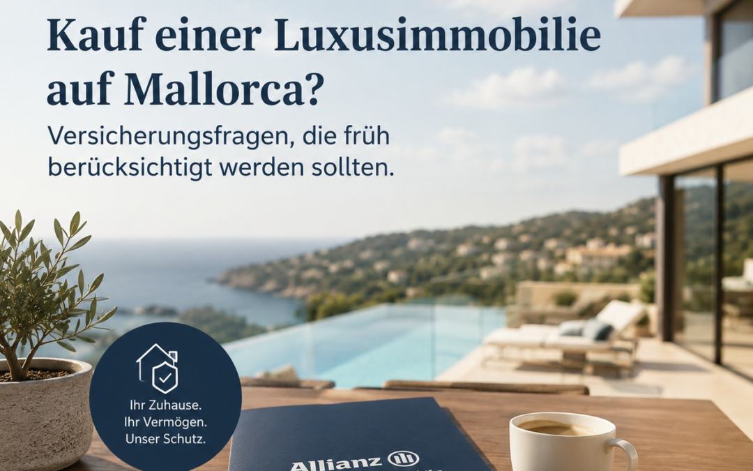 Luxury villa in Mallorca with panoramic Mediterranean views, house keys, coffee and insurance documents on a table, symbolising the purchase of a premium property and the importance of arranging the right home insurance from the beginning. Professional insurance advice for international property buyers through Allianz Premium Agentur – Ziob Versicherungen.